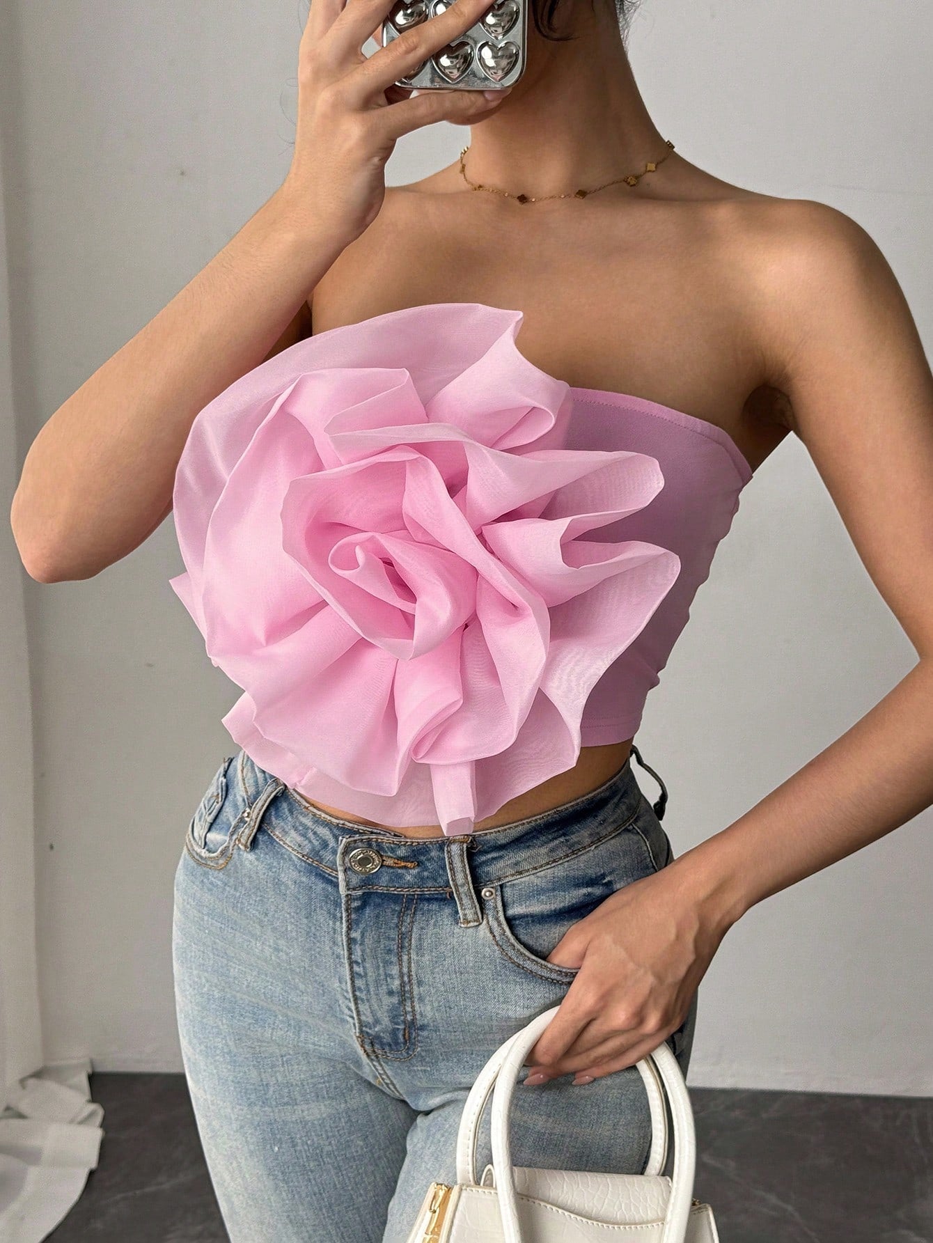 Women Fashion Elegant Party Sexy New Pink 3D Flower Bandeau Top,Sexy Top,Party Top For Dating,Thanksgiving,Christmas,Daily - Negative Apparel