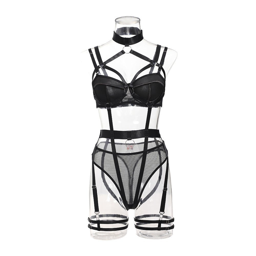 Women Lingerie Set with Choker Cross - neck detachable chain bracelet 4 Pcs Set - Negative Apparel