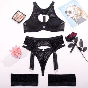 Women mesh see - through erotic lingerie with garters and steel rings for body shaping split three - piece suit - Negative Apparel