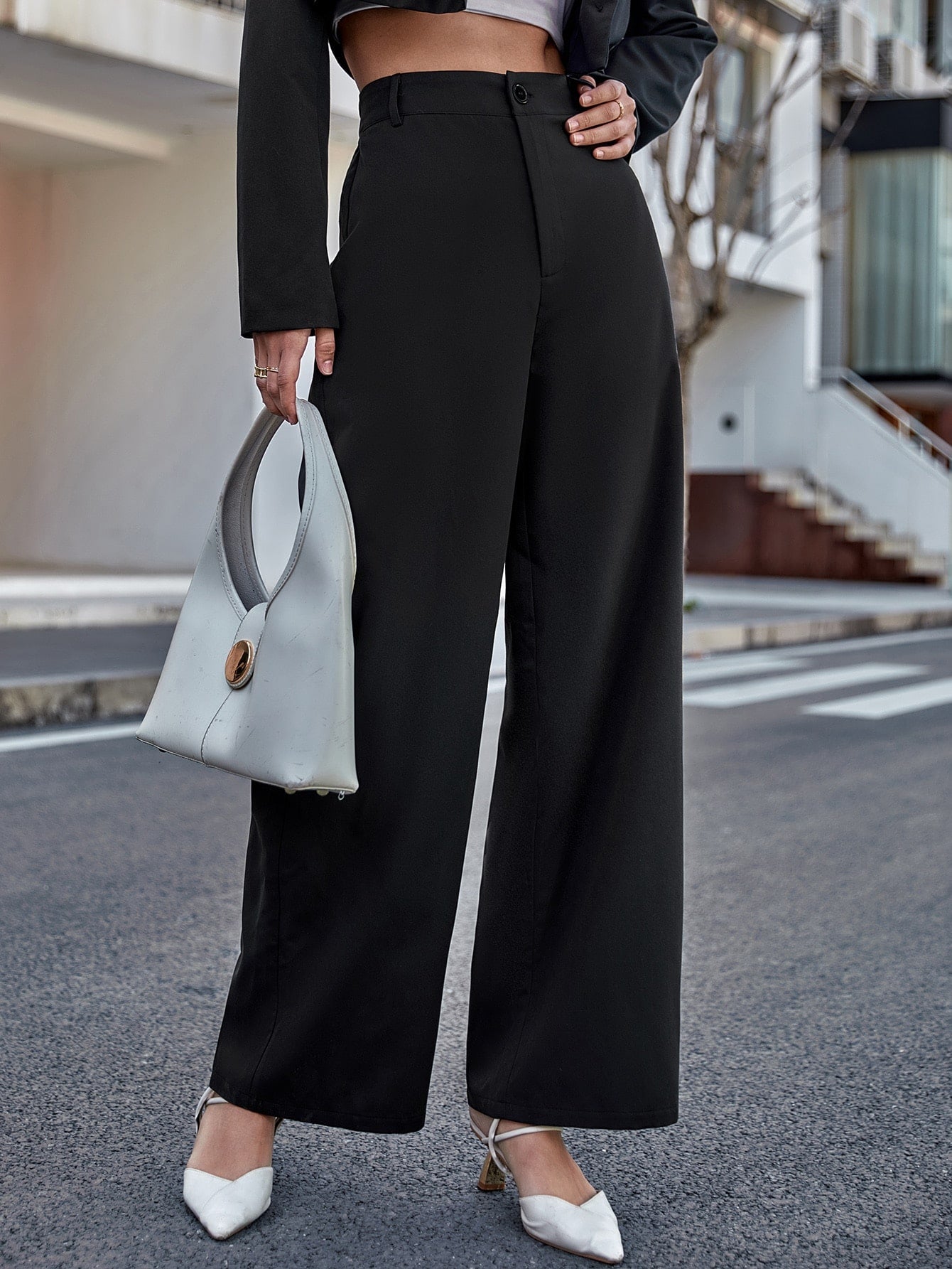 Women Solid Color Daily Wear High Waist Wide Leg Pants - Negative Apparel