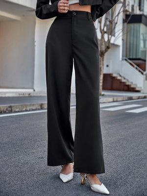 Women Solid Color Daily Wear High Waist Wide Leg Pants - Negative Apparel