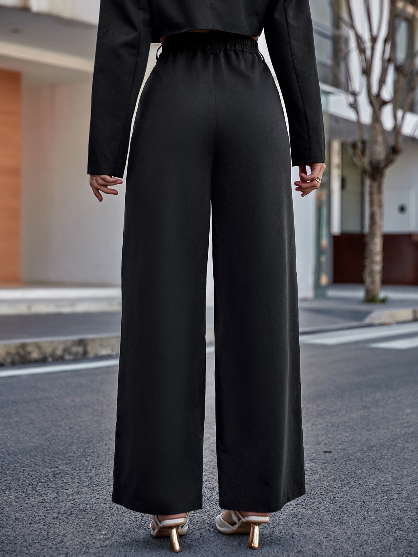 Women Solid Color Daily Wear High Waist Wide Leg Pants - Negative Apparel