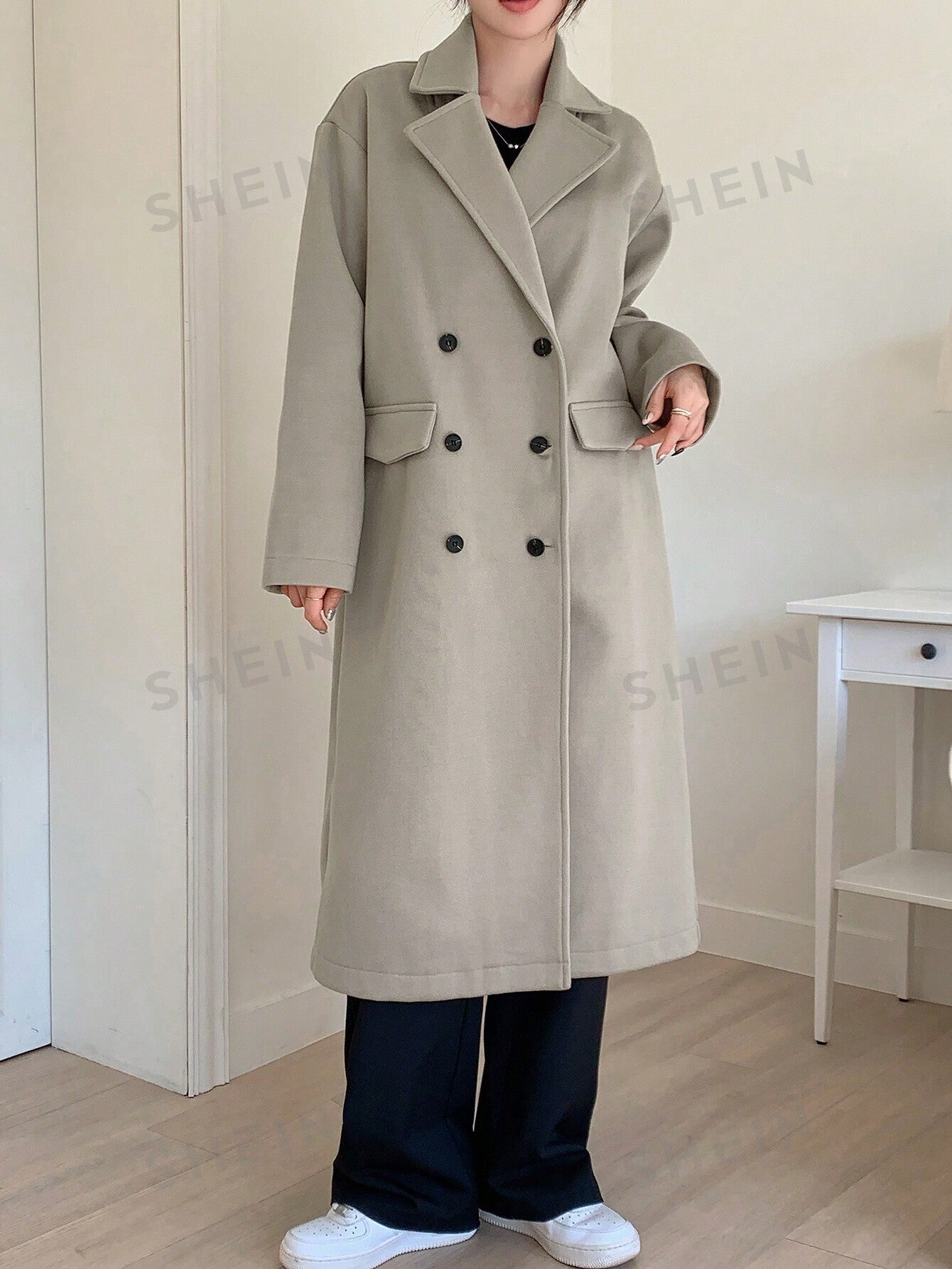 Women Stand Collar Long Sleeve Casual Business Wool Blend Coat - Negative Apparel