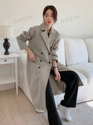 Women Stand Collar Long Sleeve Casual Business Wool Blend Coat - Negative Apparel