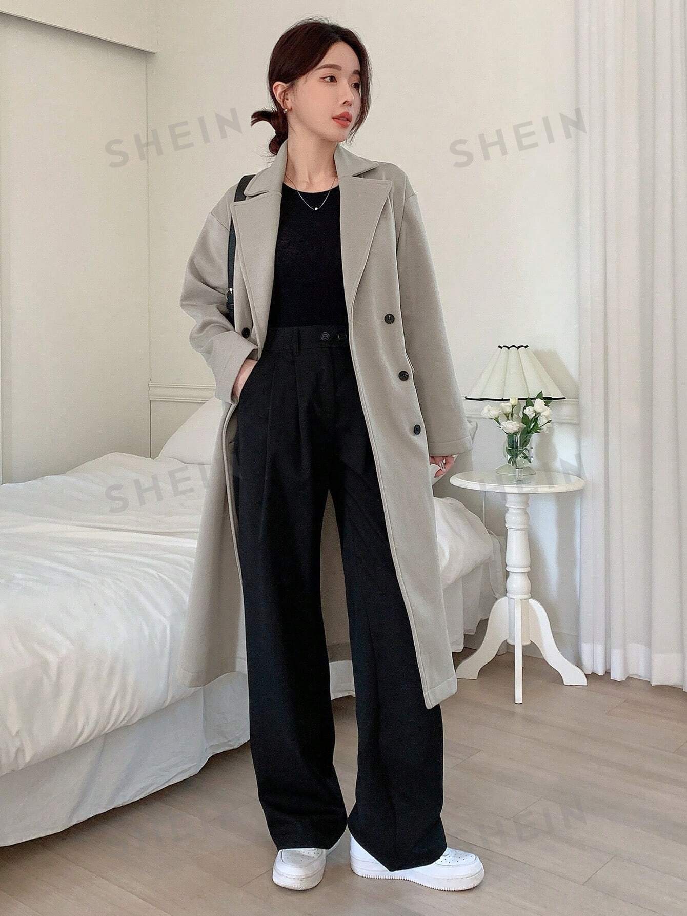 Women Stand Collar Long Sleeve Casual Business Wool Blend Coat - Negative Apparel