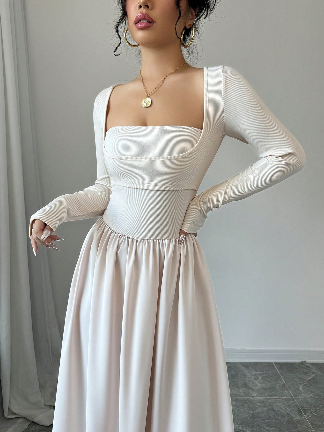 Women's 2 In 1 Square Collar Long Sleeve A - Line Cinched Waist Dress Maxi Women Outfit - Negative Apparel