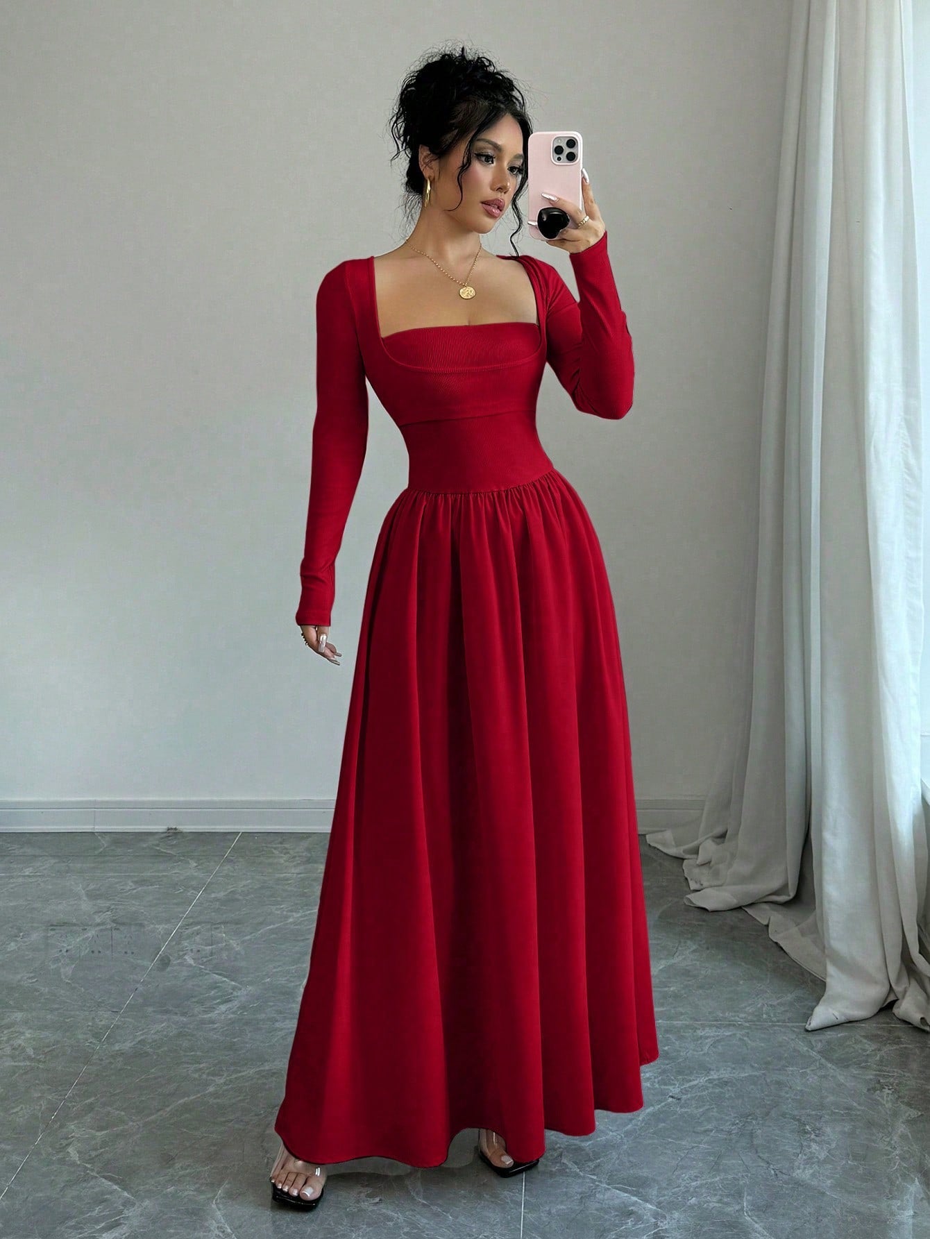 Women's 2 In 1 Square Collar Long Sleeve A - Line Cinched Waist Dress Maxi Women Outfit - Negative Apparel