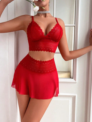 Women's 2pcs/Set Red Lace Wireless Bra & Skirt Sexy Lingerie Set - Negative Apparel