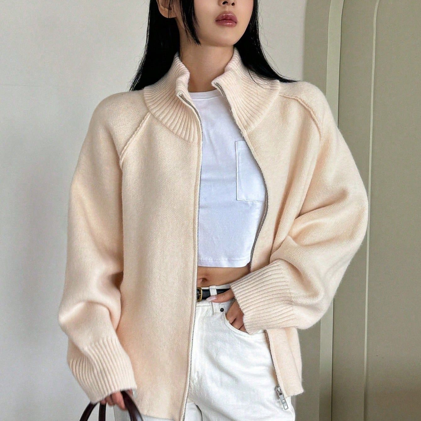 Women’s 3D Effect Wool Blend Zipper Sweater – Loose Fit Stand Collar Cardigan, Spring 2025 - Negative Apparel