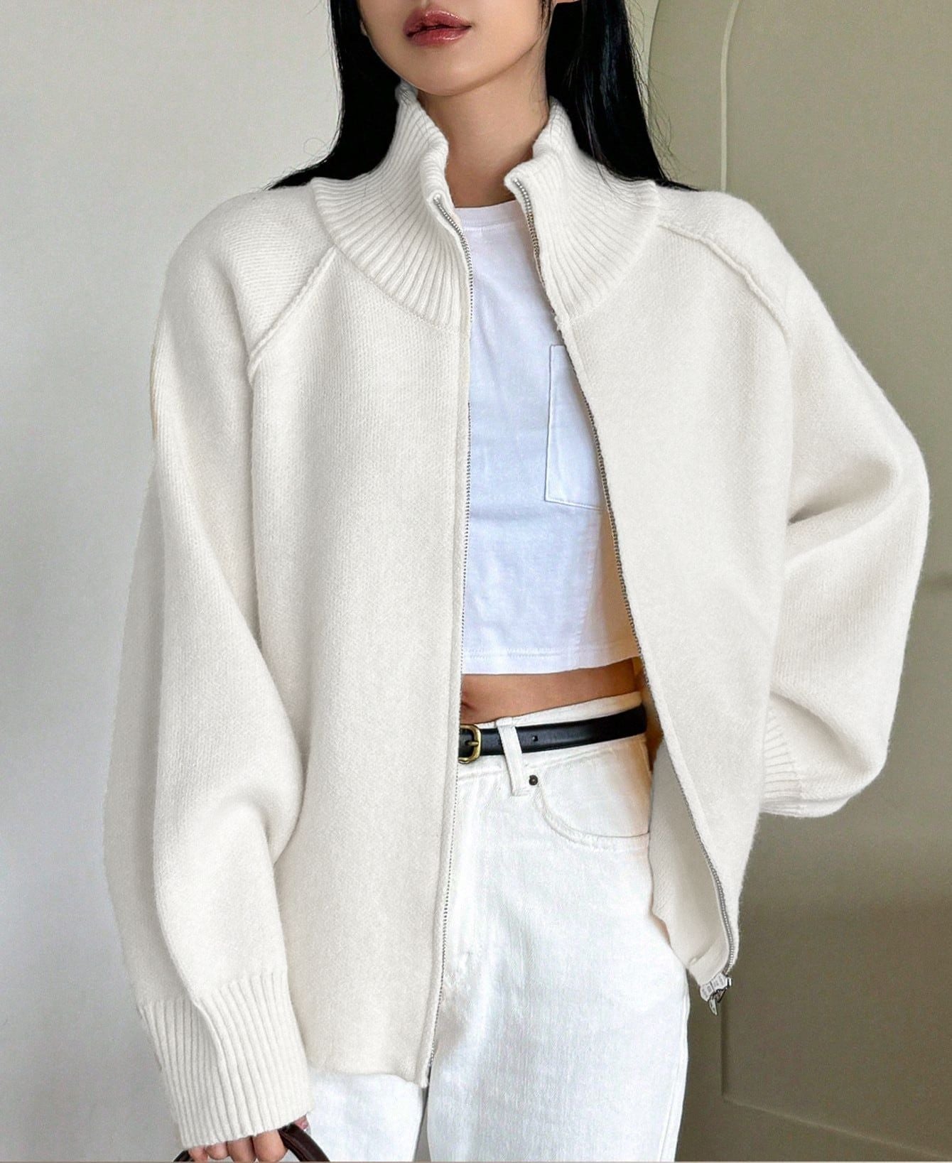 Women’s 3D Effect Wool Blend Zipper Sweater – Loose Fit Stand Collar Cardigan, Spring 2025 - Negative Apparel