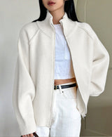 Women’s 3D Effect Wool Blend Zipper Sweater – Loose Fit Stand Collar Cardigan, Spring 2025 - Negative Apparel