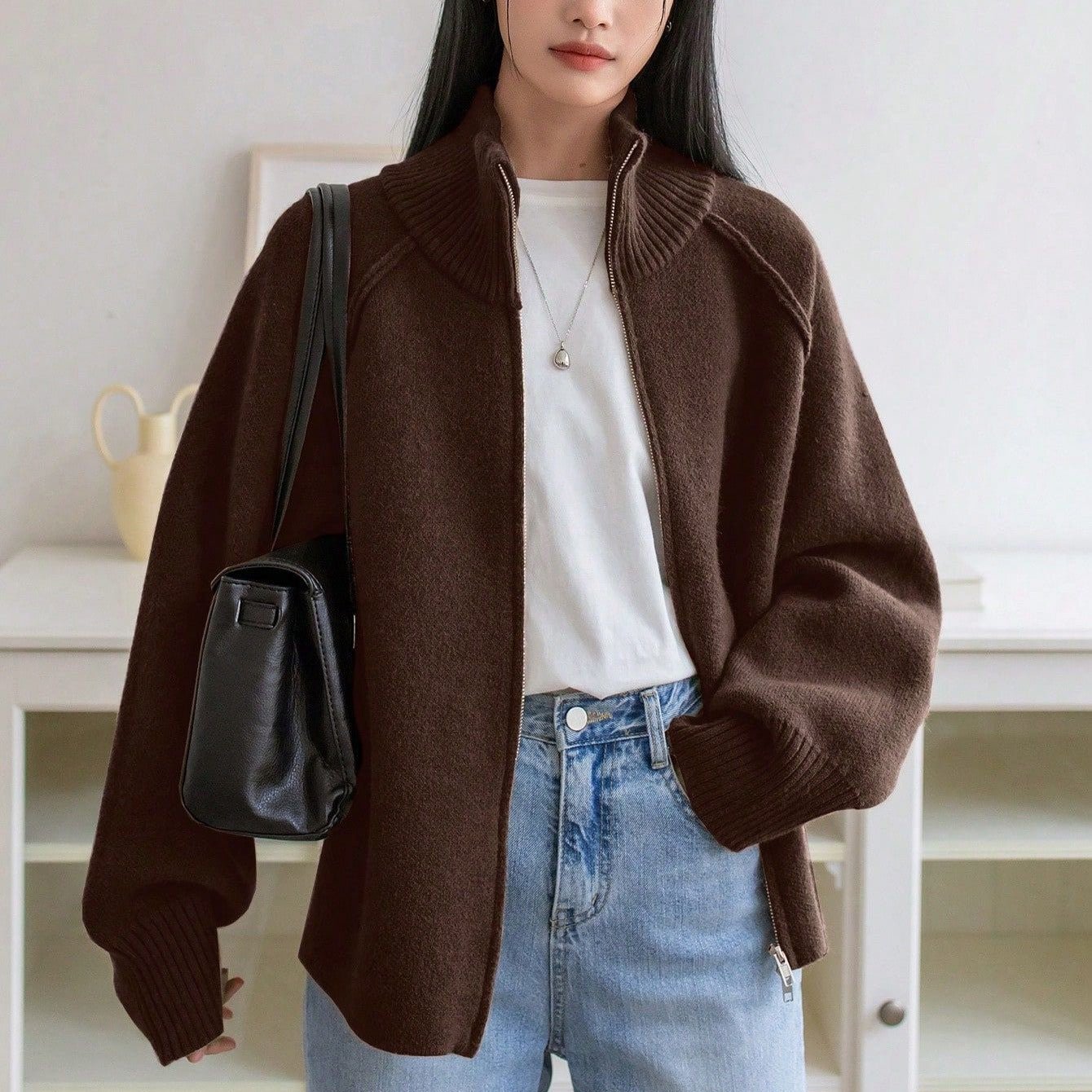 Women’s 3D Effect Wool Blend Zipper Sweater – Loose Fit Stand Collar Cardigan, Spring 2025 - Negative Apparel