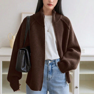 Women’s 3D Effect Wool Blend Zipper Sweater – Loose Fit Stand Collar Cardigan, Spring 2025 - Negative Apparel