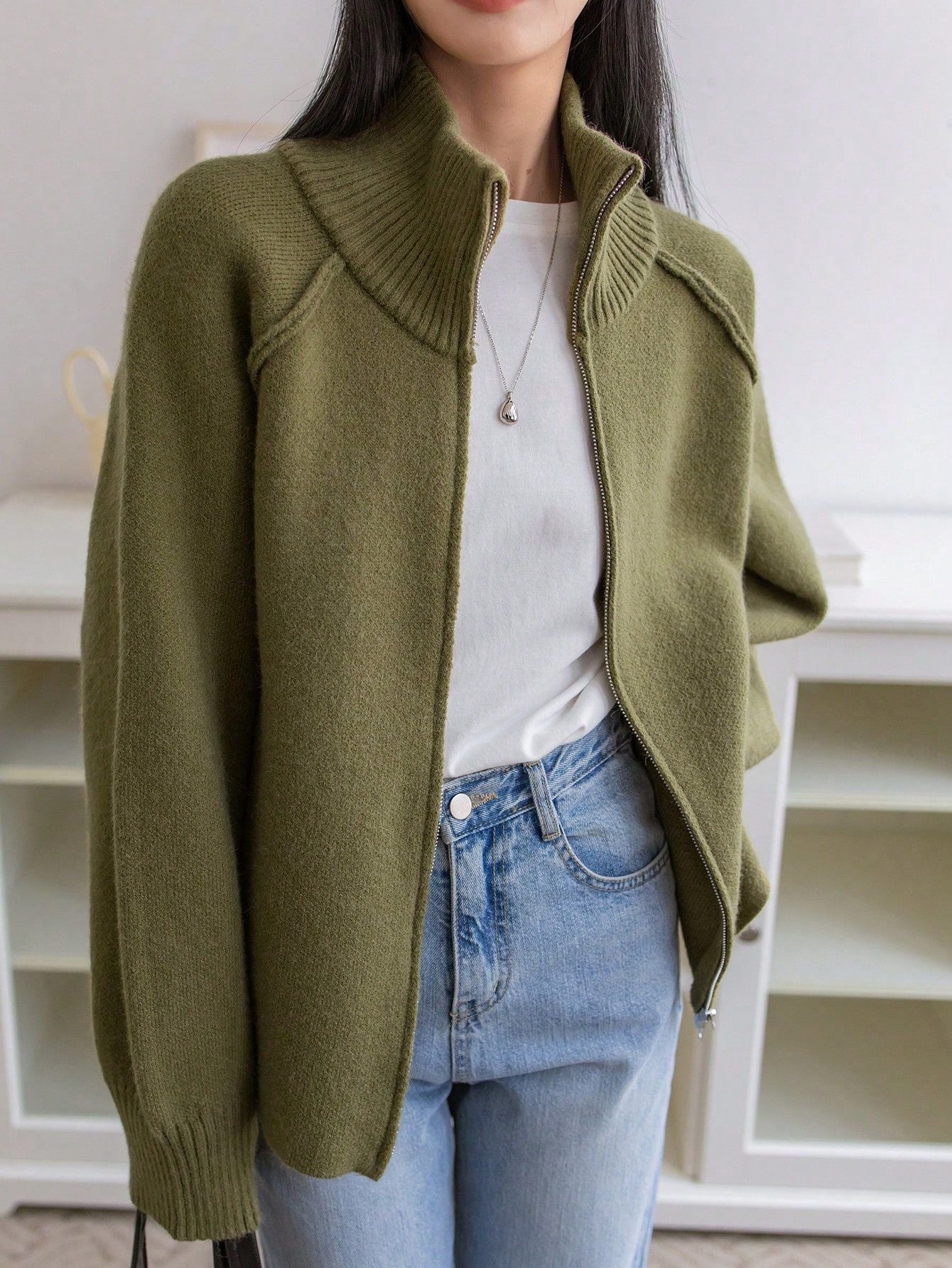 Women’s 3D Effect Wool Blend Zipper Sweater – Loose Fit Stand Collar Cardigan, Spring 2025 - Negative Apparel