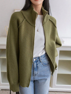 Women’s 3D Effect Wool Blend Zipper Sweater – Loose Fit Stand Collar Cardigan, Spring 2025 - Negative Apparel