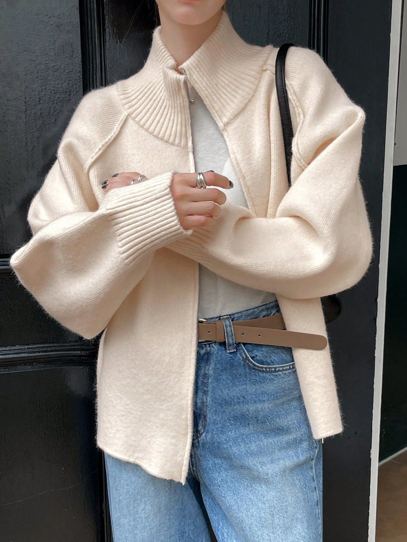 Women’s 3D Effect Wool Blend Zipper Sweater – Loose Fit Stand Collar Cardigan, Spring 2025 - Negative Apparel