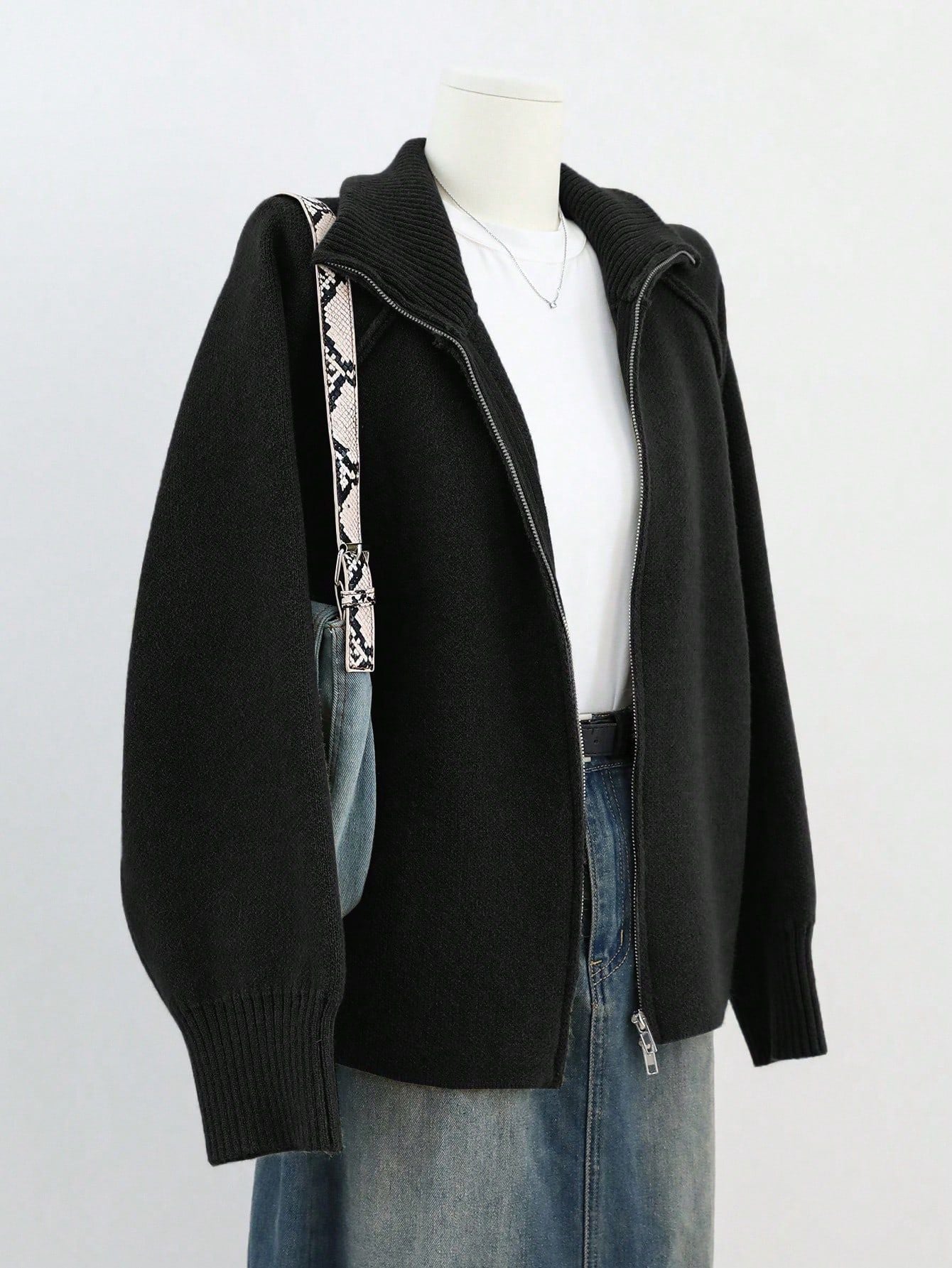 Women’s 3D Effect Wool Blend Zipper Sweater – Loose Fit Stand Collar Cardigan, Spring 2025 - Negative Apparel