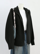 Women’s 3D Effect Wool Blend Zipper Sweater – Loose Fit Stand Collar Cardigan, Spring 2025 - Negative Apparel
