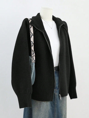 Women’s 3D Effect Wool Blend Zipper Sweater – Loose Fit Stand Collar Cardigan, Spring 2025 - Negative Apparel