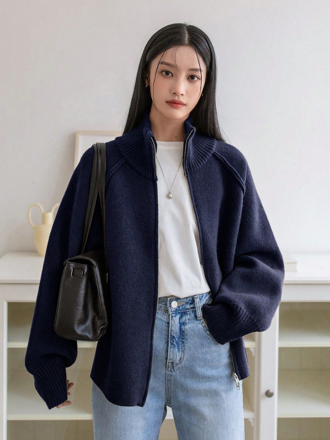 Women’s 3D Effect Wool Blend Zipper Sweater – Loose Fit Stand Collar Cardigan, Spring 2025 - Negative Apparel
