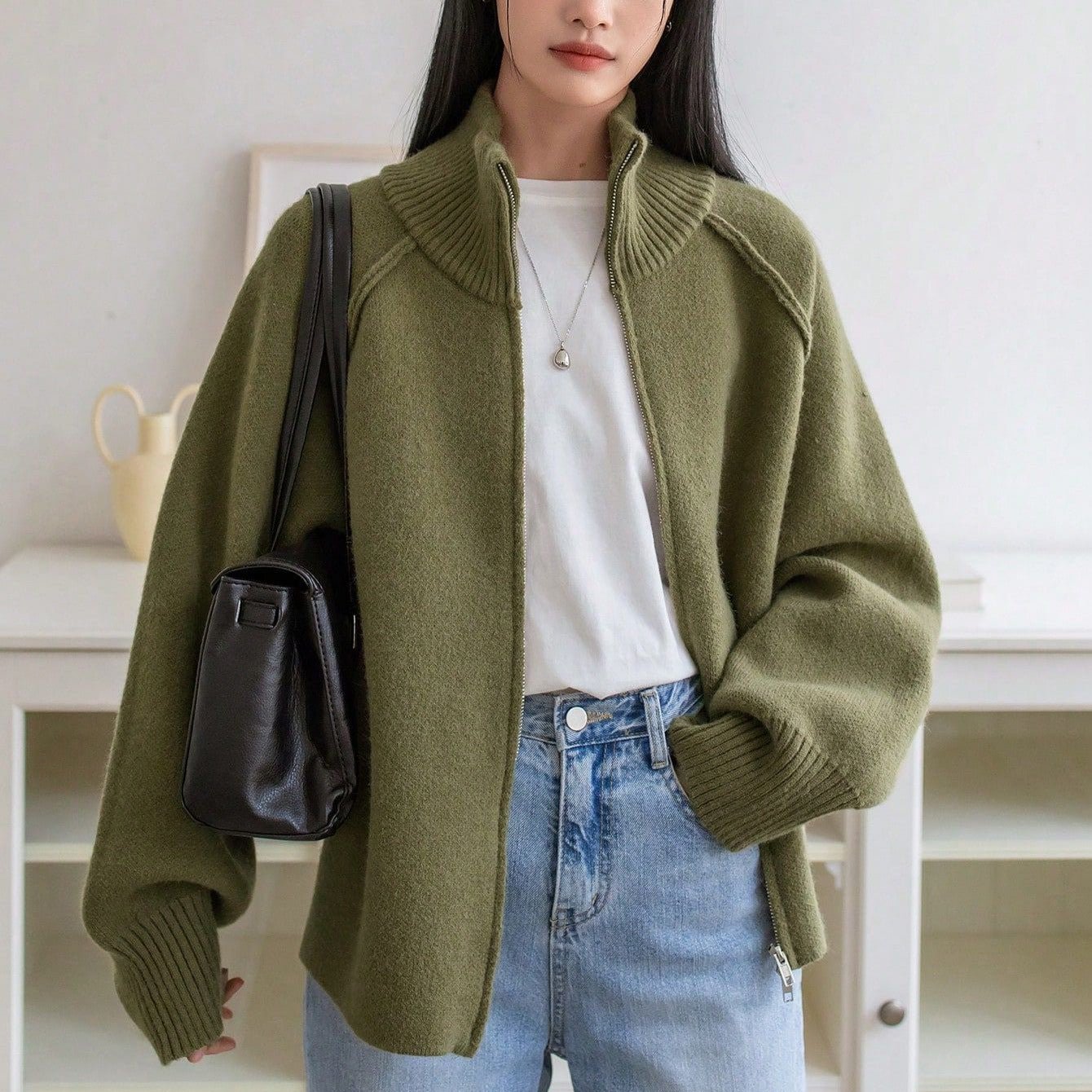 Women’s 3D Effect Wool Blend Zipper Sweater – Loose Fit Stand Collar Cardigan, Spring 2025 - Negative Apparel
