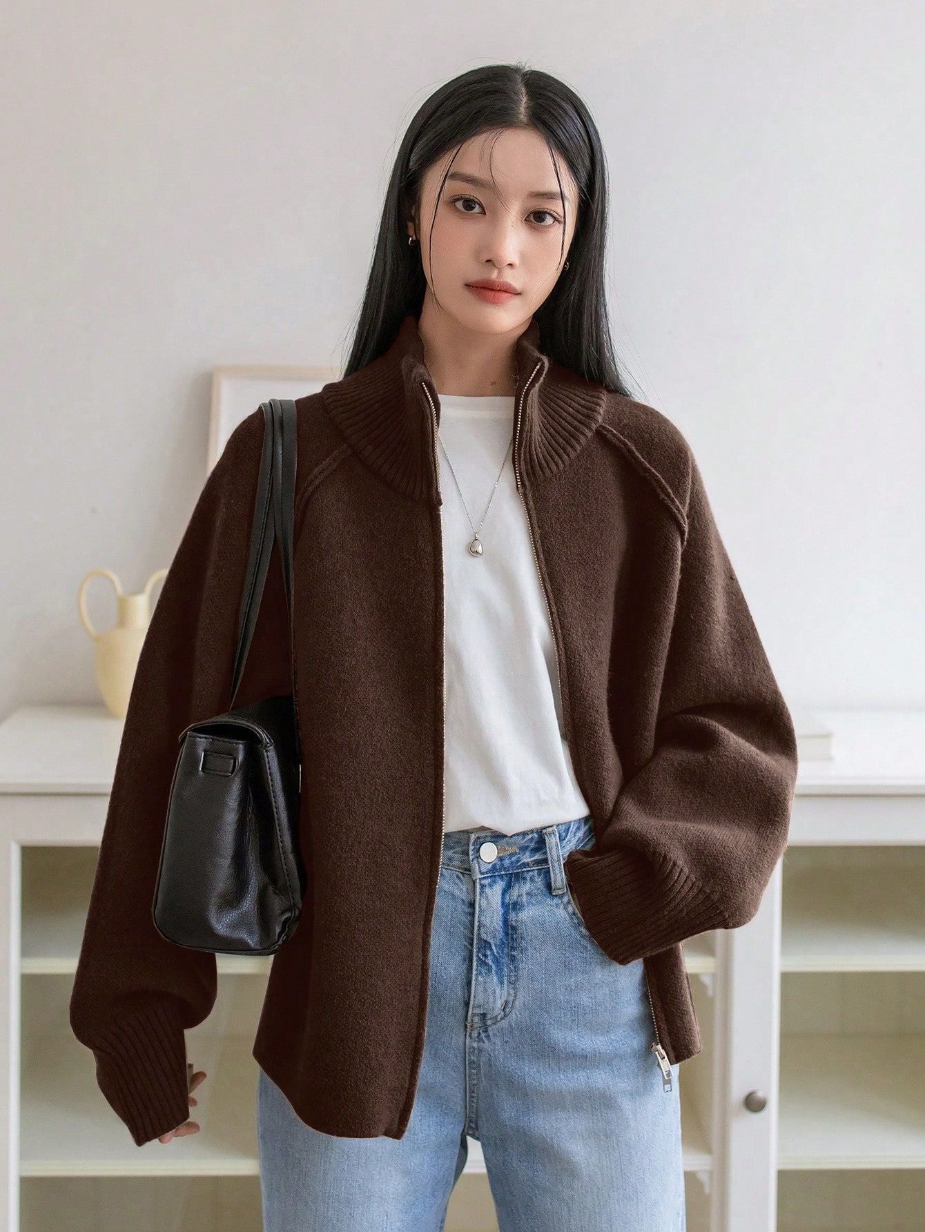 Women's 3D Effect Wool Blend Zipper Sweater – Loose Fit Stand