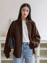 Women’s 3D Effect Wool Blend Zipper Sweater – Loose Fit Stand Collar Cardigan, Spring 2025 - Negative Apparel