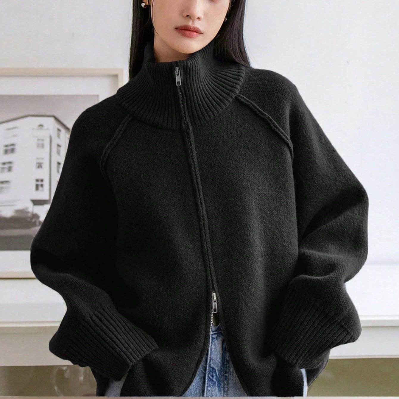 Women’s 3D Effect Wool Blend Zipper Sweater – Loose Fit Stand Collar Cardigan, Spring 2025 - Negative Apparel