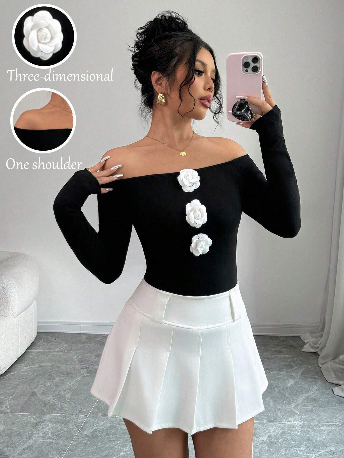 Women's 3D flower off - the - shoulder one - word collar slim - fitting long - sleeved T-shirt top women - Negative Apparel