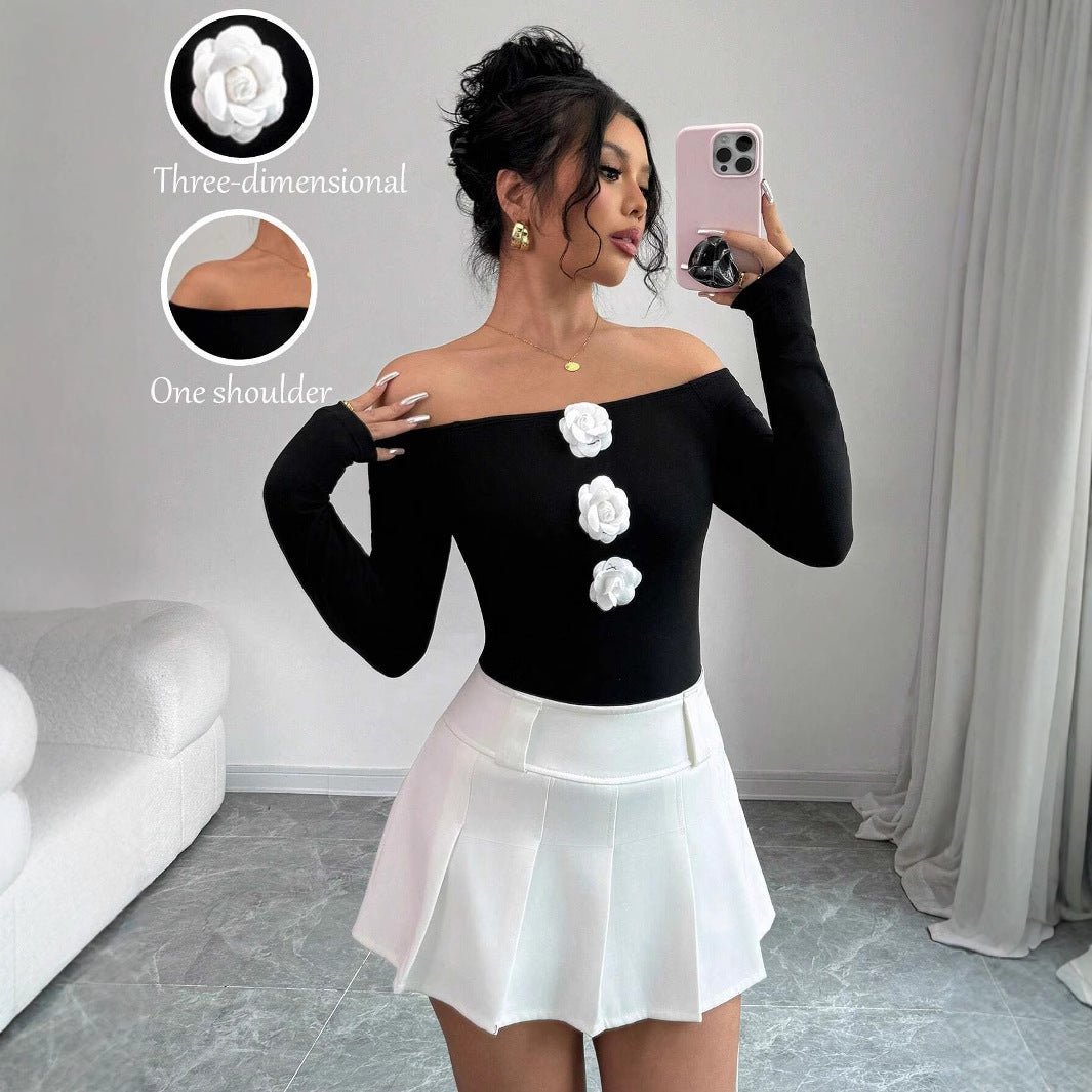 Women's 3D flower off - the - shoulder one - word collar slim - fitting long - sleeved T-shirt top women - Negative Apparel