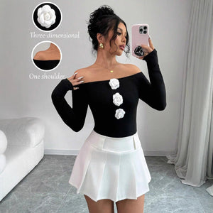 Women's 3D flower off - the - shoulder one - word collar slim - fitting long - sleeved T-shirt top women - Negative Apparel