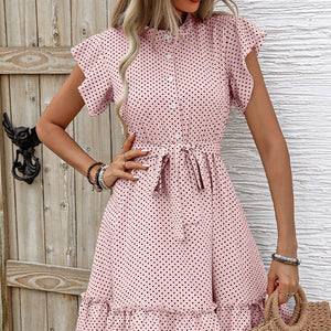 women's an and n dress 2025 summer elegant style polka dot lotus leaf sleeve A - line skirt lace - up midi skirt - Negative Apparel