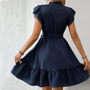 women's an and n dress 2025 summer elegant style polka dot lotus leaf sleeve A - line skirt lace - up midi skirt - Negative Apparel
