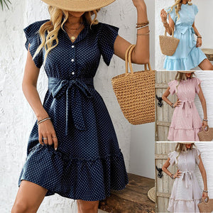women's an and n dress 2025 summer elegant style polka dot lotus leaf sleeve A - line skirt lace - up midi skirt - Negative Apparel