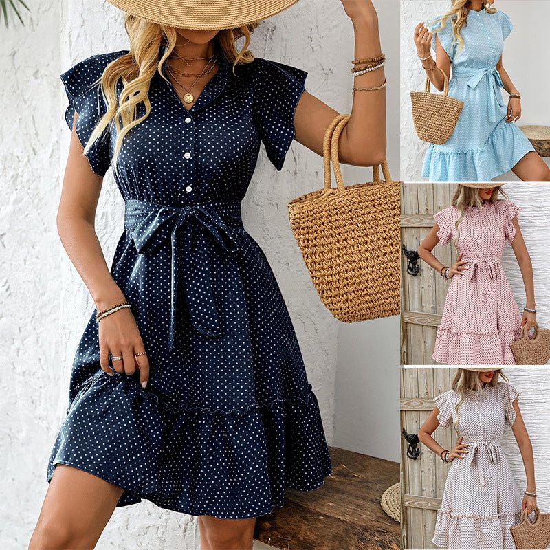 women's an and n dress 2025 summer elegant style polka dot lotus leaf sleeve A - line skirt lace - up midi skirt - Negative Apparel