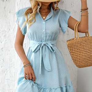 women's an and n dress 2025 summer elegant style polka dot lotus leaf sleeve A - line skirt lace - up midi skirt - Negative Apparel