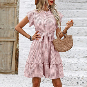 women's an and n dress 2025 summer elegant style polka dot lotus leaf sleeve A - line skirt lace - up midi skirt - Negative Apparel