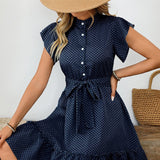 women's an and n dress 2025 summer elegant style polka dot lotus leaf sleeve A - line skirt lace - up midi skirt - Negative Apparel