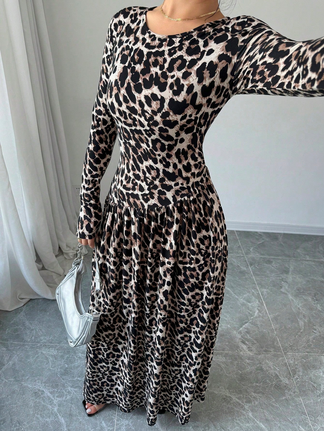 Women's Animal Leopard Print Long Sleeve Maxi A - Line Dress - Negative Apparel