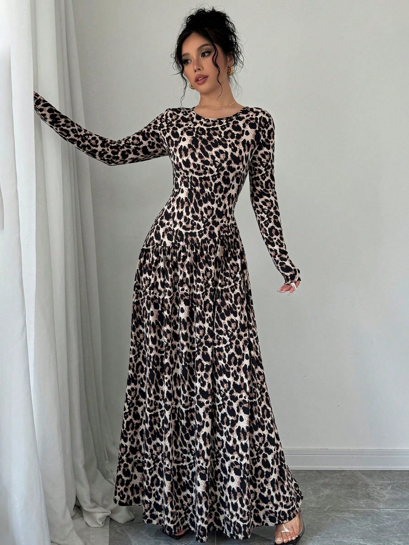 Women's Animal Leopard Print Long Sleeve Maxi A - Line Dress - Negative Apparel