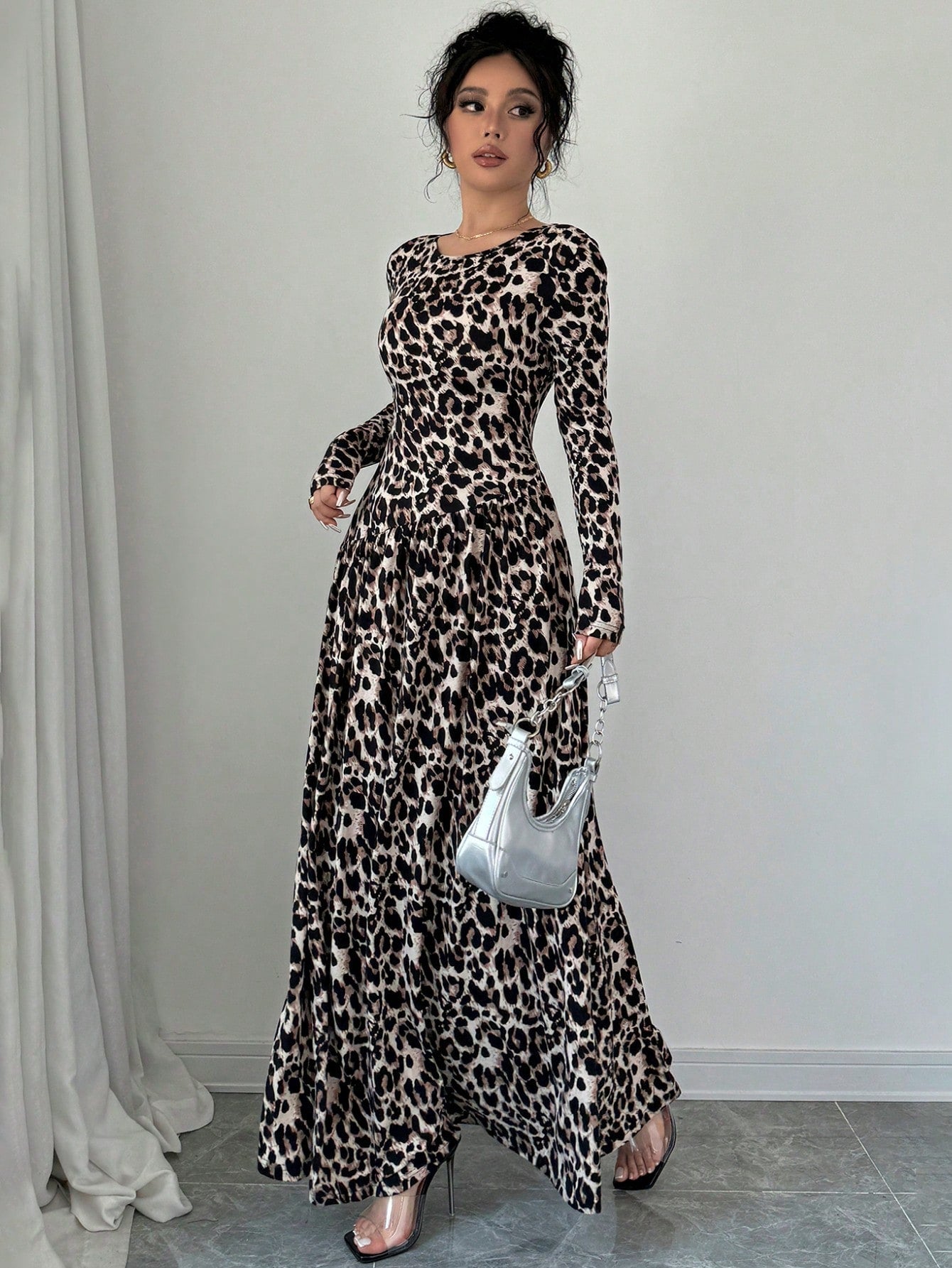 Women's Animal Leopard Print Long Sleeve Maxi A - Line Dress - Negative Apparel