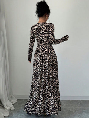 Women's Animal Leopard Print Long Sleeve Maxi A - Line Dress - Negative Apparel