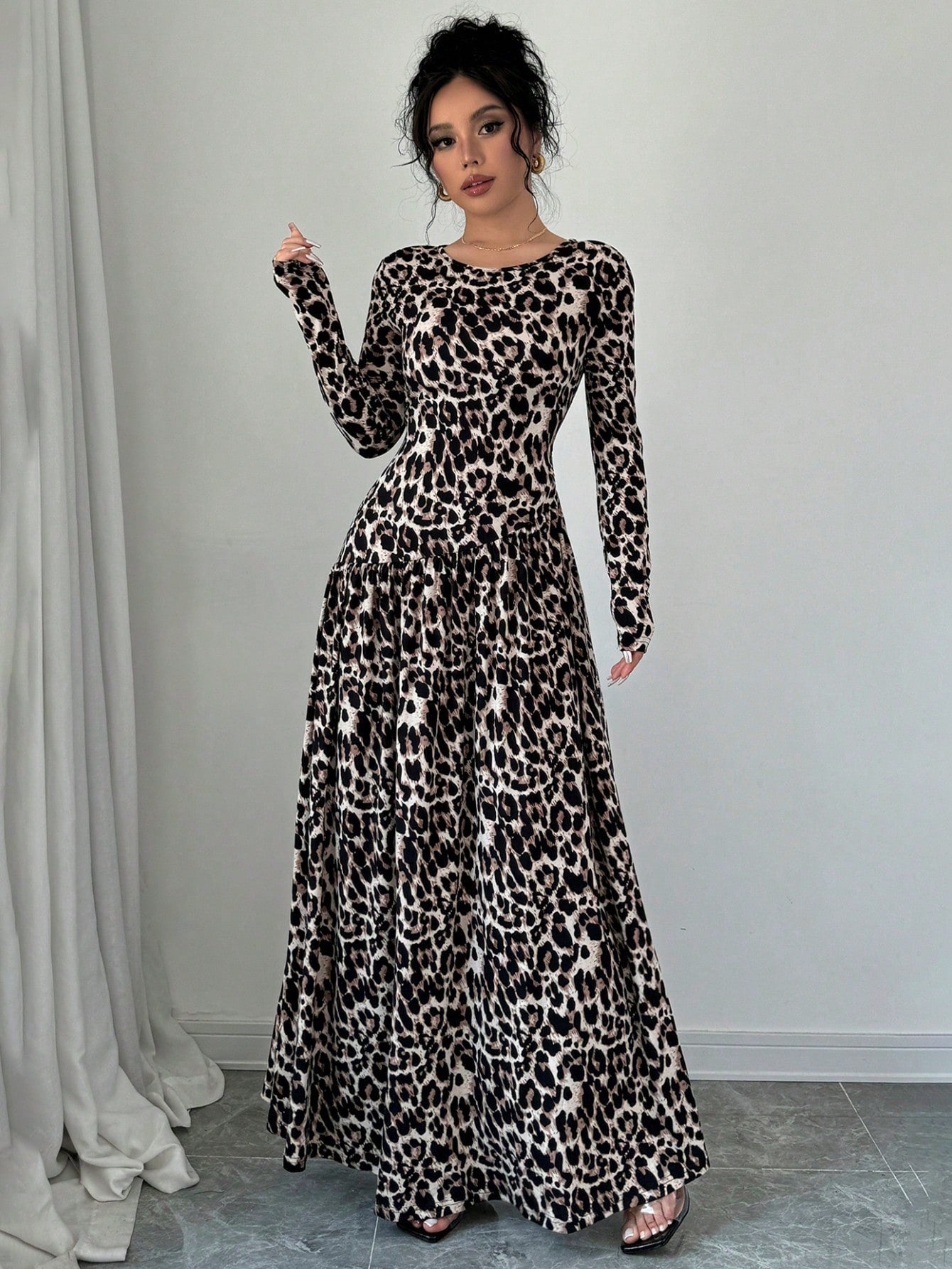 Women's Animal Leopard Print Long Sleeve Maxi A - Line Dress - Negative Apparel