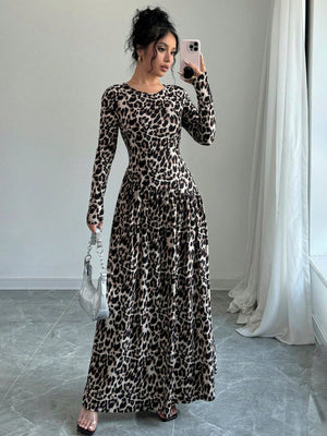 Women's Animal Leopard Print Long Sleeve Maxi A - Line Dress - Negative Apparel