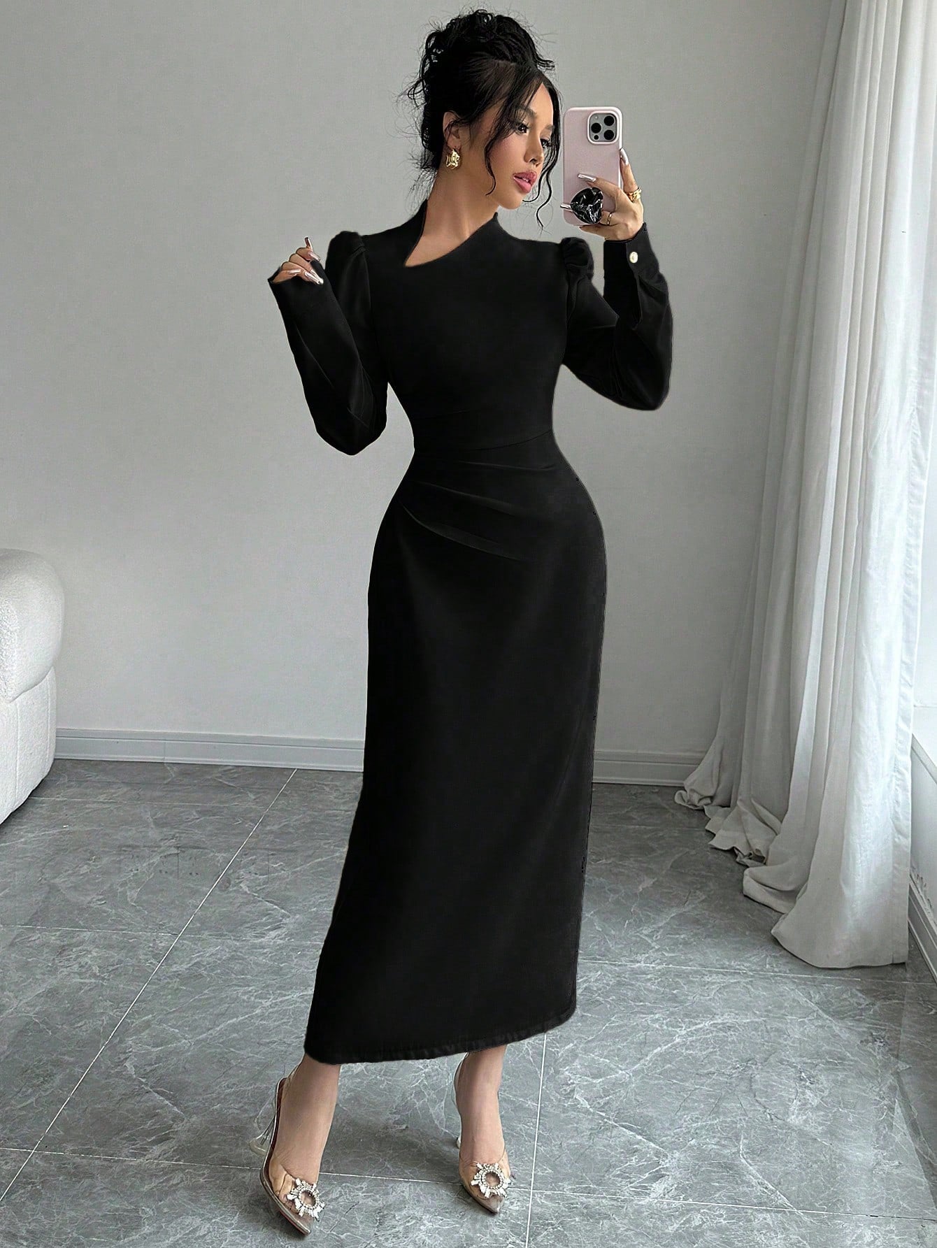 Women's Apricot Asymmetrical Neckline Puff Sleeve Pleated Fitted Slit Hem Dress - Negative Apparel