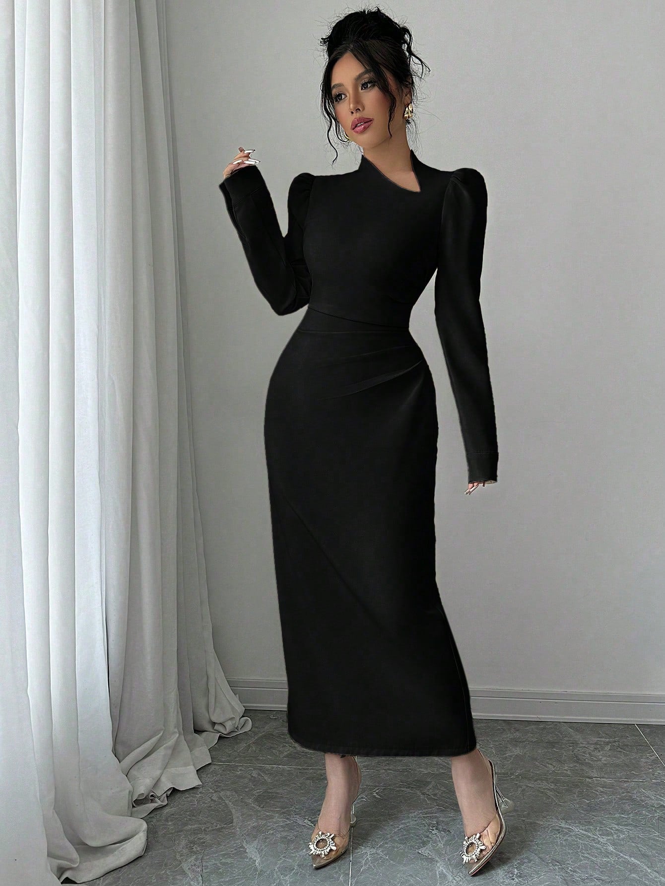 Women's Apricot Asymmetrical Neckline Puff Sleeve Pleated Fitted Slit Hem Dress - Negative Apparel