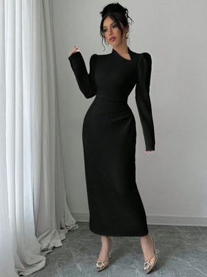 Women's Apricot Asymmetrical Neckline Puff Sleeve Pleated Fitted Slit Hem Dress - Negative Apparel