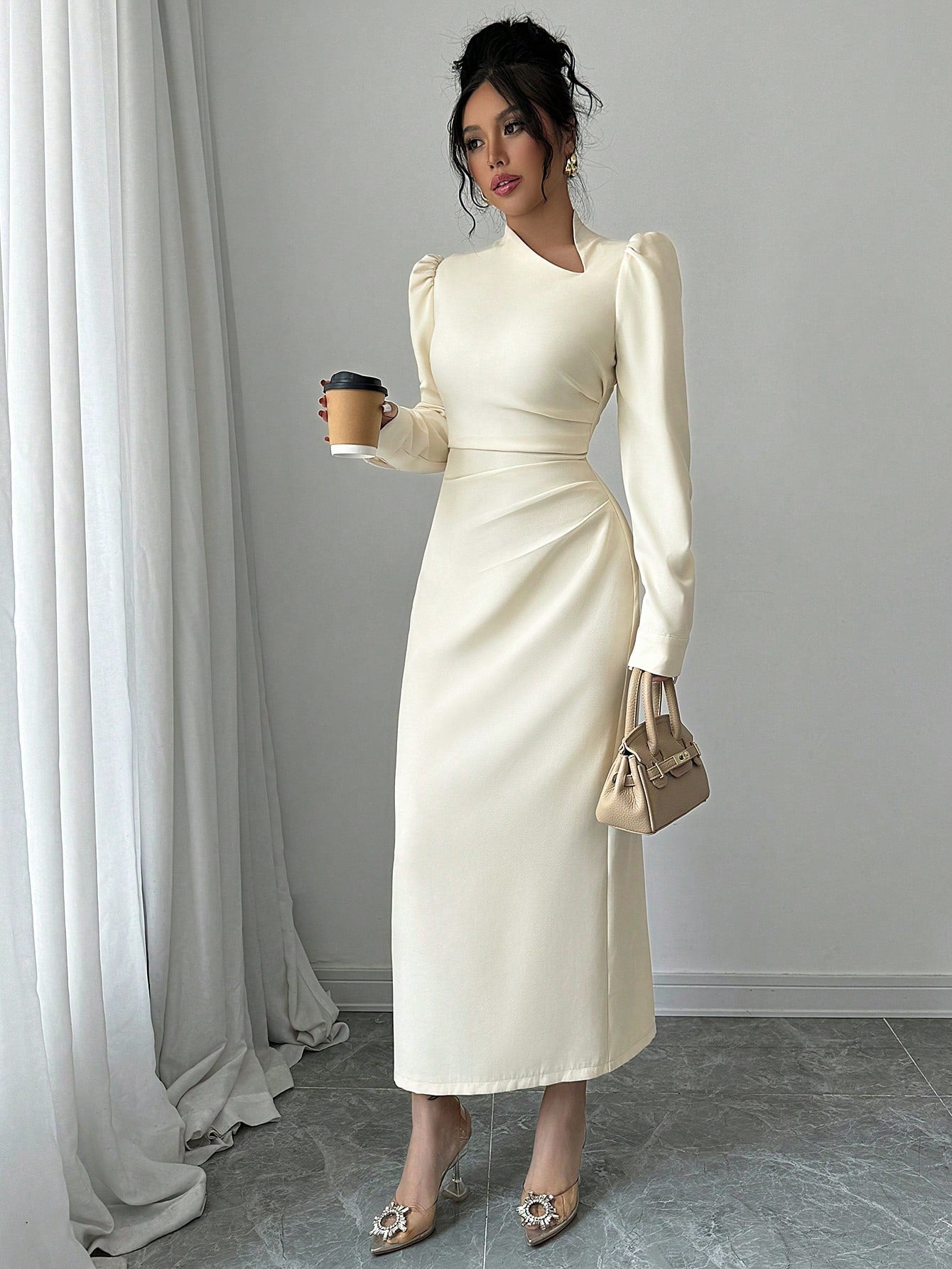 Women's Apricot Asymmetrical Neckline Puff Sleeve Pleated Fitted Slit Hem Dress - Negative Apparel