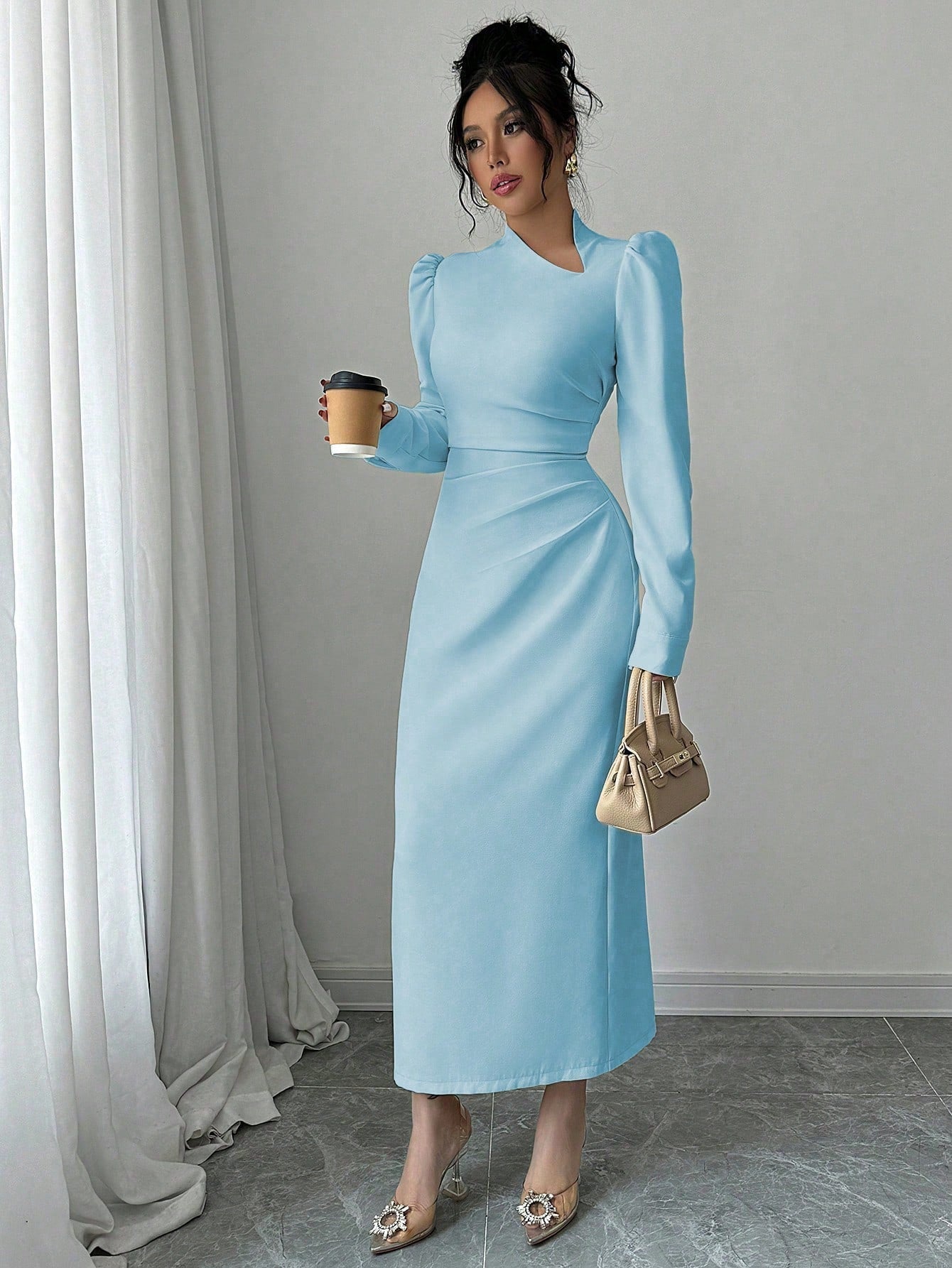 Women's Apricot Asymmetrical Neckline Puff Sleeve Pleated Fitted Slit Hem Dress - Negative Apparel