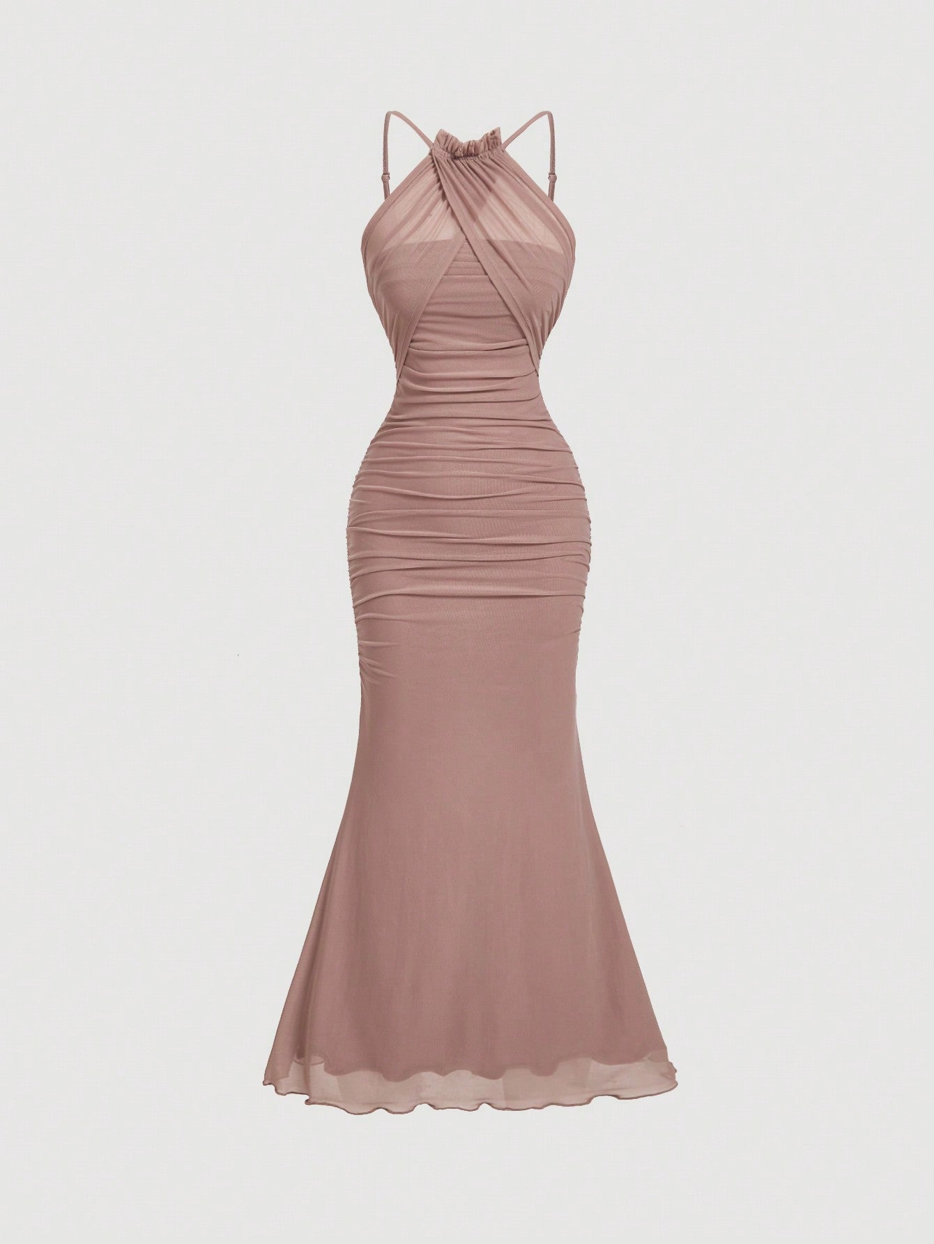 Women's Apricot Color Halter Neck Fish Tail Hem Long Dress FD - Negative Apparel